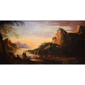 Capriccio Panoramic Landscape Sea Bay At Sunset 18th Century Large Oil Painting