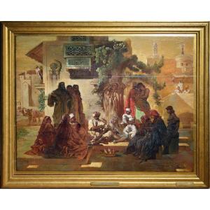 French Genre Scene Street Snake Charmer 19th Century Oil Painting By Lecurieux