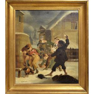 British Genre Scene Unequal Snowball Fight 19th Century Oil Painting Signed