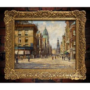 Amsterdam City De Munt View Ca 1905 Masterwork Oil Painting Dutch Jan G Smits