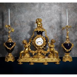 French Louis XVI Style Clock 2 Dials Gilt Bronze W Sèvres Porcelain 19th Century