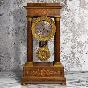French Portico Clock Rosewood N Marquetry Early 19th Century Gilt N Silverplated