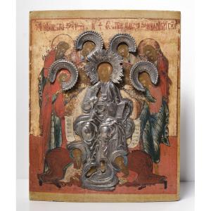 Deesis W Saints Accroupis Icône Russe Du XVIIIe Siècle Tempera Silver Pantocrator