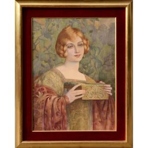 Art Nouveau Portrait Of Redhaired Lady Watercolor By French Master Brisgard