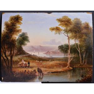 Paysage Pastoral Miniature Peinture à l'Huile Romantisme Du 19ème Siècle Sur Bois