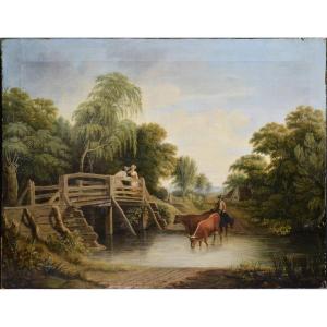 Paysage Pastoral Réunion Sur Un Pont Peinture à l'Huile Sur Toile Du Début Du XIXe Siècle