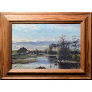 Evening Twilight On River 1899 Scandinavian Oil Painting On Canvas Signed Framed