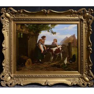 Feeding A Calf Lovely Farm Scene With Redhead Girl Mid 19th Century Oil Painting