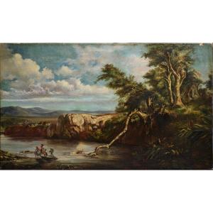Fording The River Landscape Peinture à l'Huile Du Maître Britannique Nasmyth Du 19e Siècle