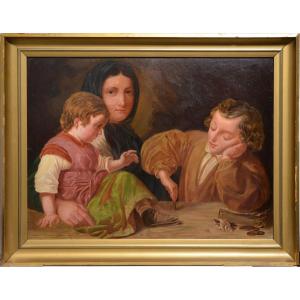 Family Portrait Mother With Children Playing Coins Framed Antique Oil Painting 