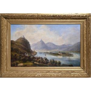 Alpine Valley Landscape With High Hills And River 19th Century Oil Painting