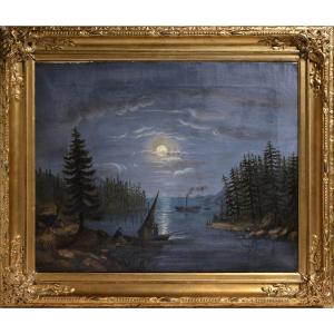 Idyllic Moon Night Landscape Scandinavian Lakeland 19th Century Oil Painting