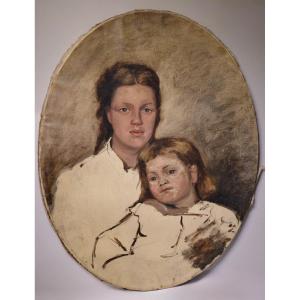 Oval Portrait Of Mother And Daughter Early 20 Century Scandinavian Oil Painting 