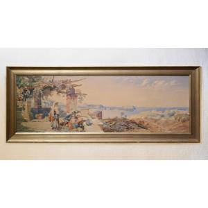 Panoramic View Over Naples Bay 19th Century Watercolor By Richardson Rws