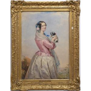 Portrait Jeune Femme Avec Petit Chien Aquarelle Du 19ème Siècle De Wallace Collection