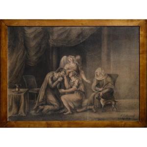 Scène Ancien Testament Avec Ange 1813 Grand Dessin Grisaille Sur Papier Signé