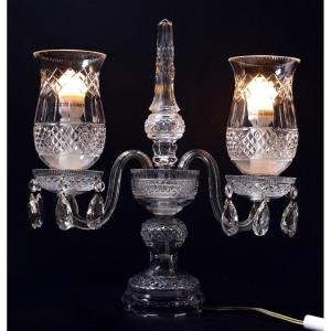 Candélabre Vintage Cristal Double Lampe Ouragan Style Baccarat 20ème Siècle