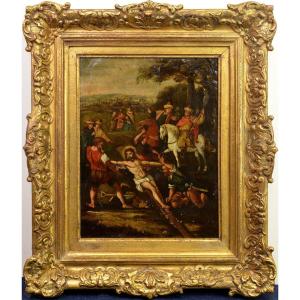 Baroque Calvary Scene Oil Painting On Copper Flemish School 17th Century