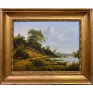 Calm Summer Lakeland Landscape W Green N Lonely Boat Oil Painting 19th Century