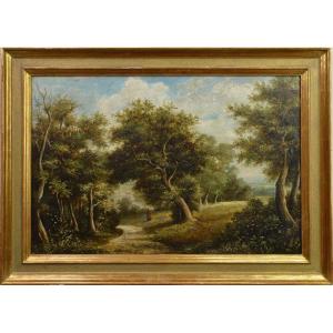 Traveler On A Forest Road Landscape 19th Century Oil Painting Framed