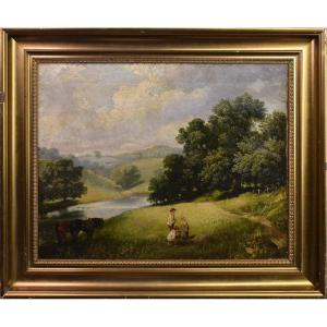 River Landscape With Figures And Horses Resting 19th Century Framed Oil Painting