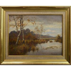 Autumn Lake Landscape Mid 19th Century Oil Painting By Listed Scottish Painter