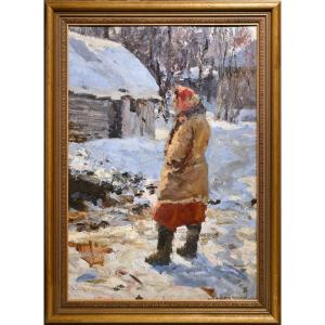 Scène d'Hiver Avec Une Femme Du Village Vers 1950 Peinture à l'Huile Du Maître Russe Suzdaltsev