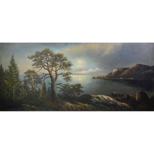 Moonlit Archipelago Landscape Large Panoramic Oil Painting Mid 20th Century