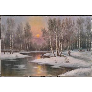 Pink Sunset In Winter Birch Forest Giant Landscape Early 20 сentury Oil Painting