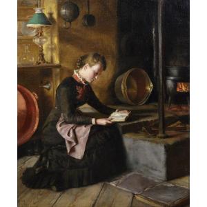 Scène de cuisine Fille lisant par poêle Peinture à l’huile signée 1882 Chef-d’œuvre antique