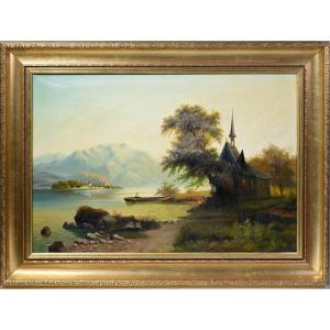 Paysage De La Vallée Du Rhin Avec Chapelle, 1867, Peinture à l'Huile Encadrée