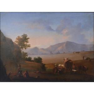 Plow Field At Dawn In Mountain Landscape 18th Century Antique Large Oil Painting