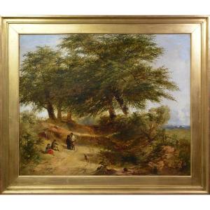 British Summer Landscape By E. Bowly Large Framed Oil Painting Mid 19th Century