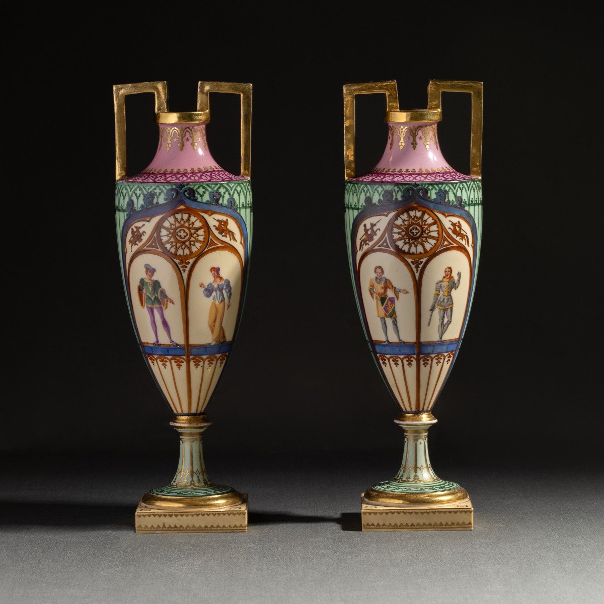 Dihl et Guérhard - très rare paire de vases "fuseau" à décor Troubadour - porcelaine vers 1820-photo-2