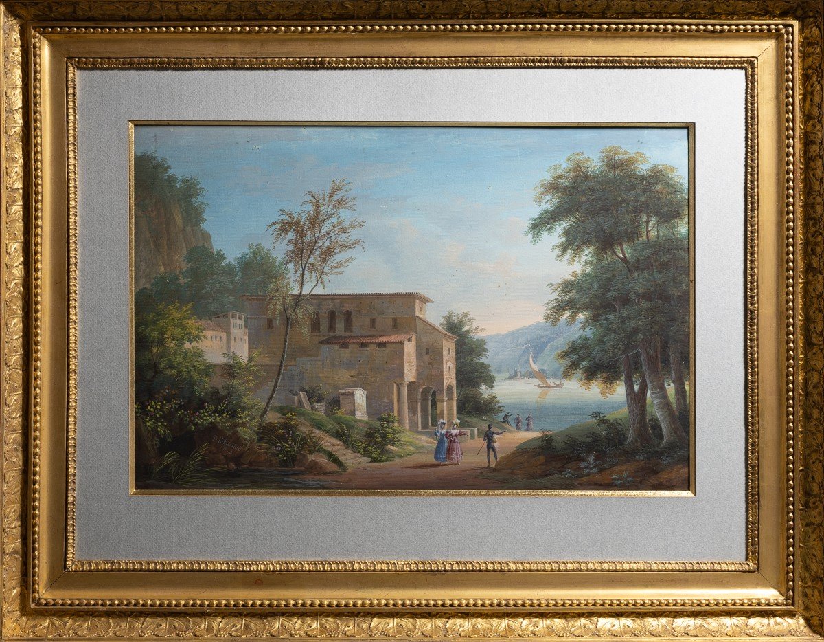 JMD Lafontaine - paysage lacustre du Salon de 1833 - gouache sur papier marouflé-photo-2