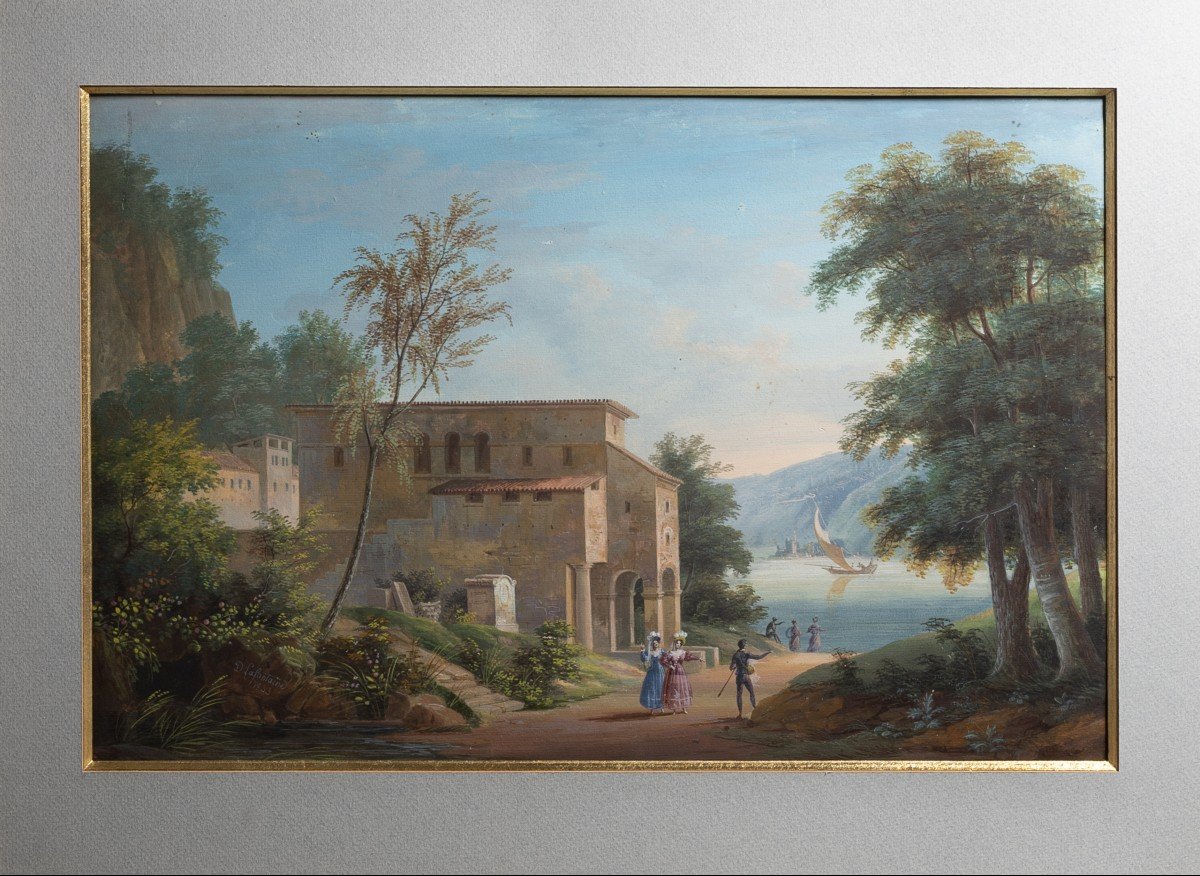 JMD Lafontaine - paysage lacustre du Salon de 1833 - gouache sur papier marouflé-photo-3