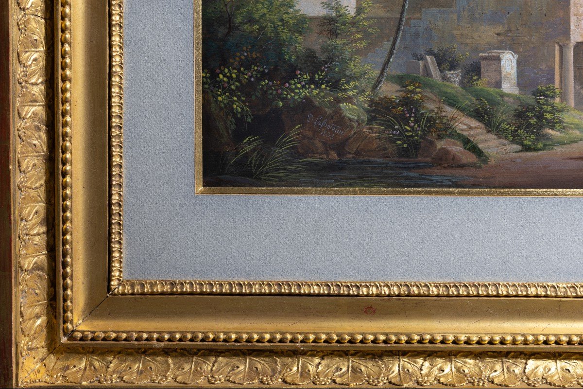 JMD Lafontaine - paysage lacustre du Salon de 1833 - gouache sur papier marouflé-photo-1