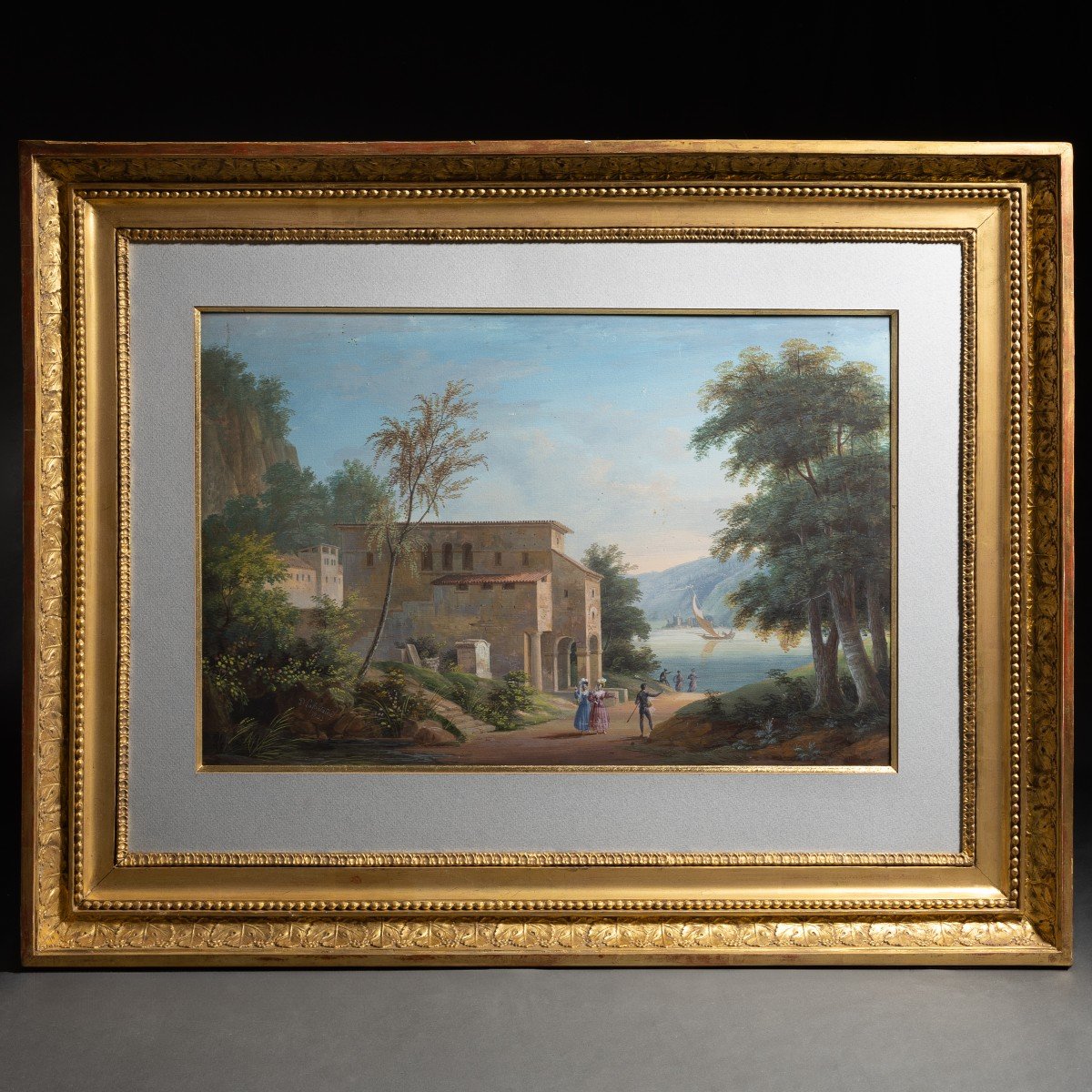 JMD Lafontaine - paysage lacustre du Salon de 1833 - gouache sur papier marouflé