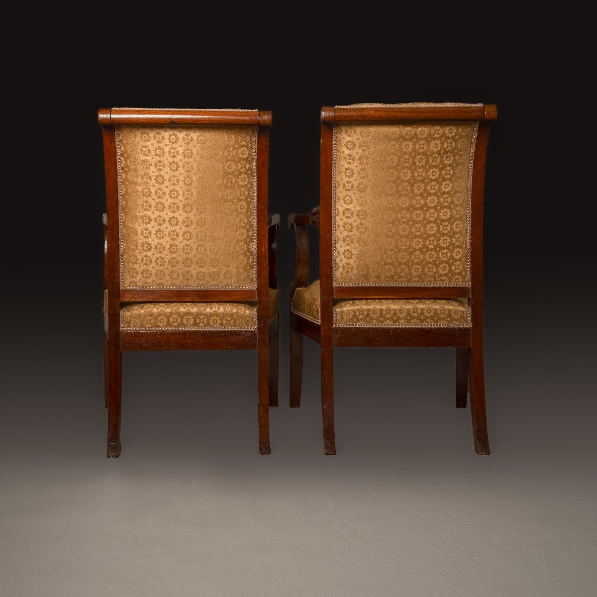 Paire de fauteuils d'officier d'époque Empire - acajou et damas de soie-photo-1