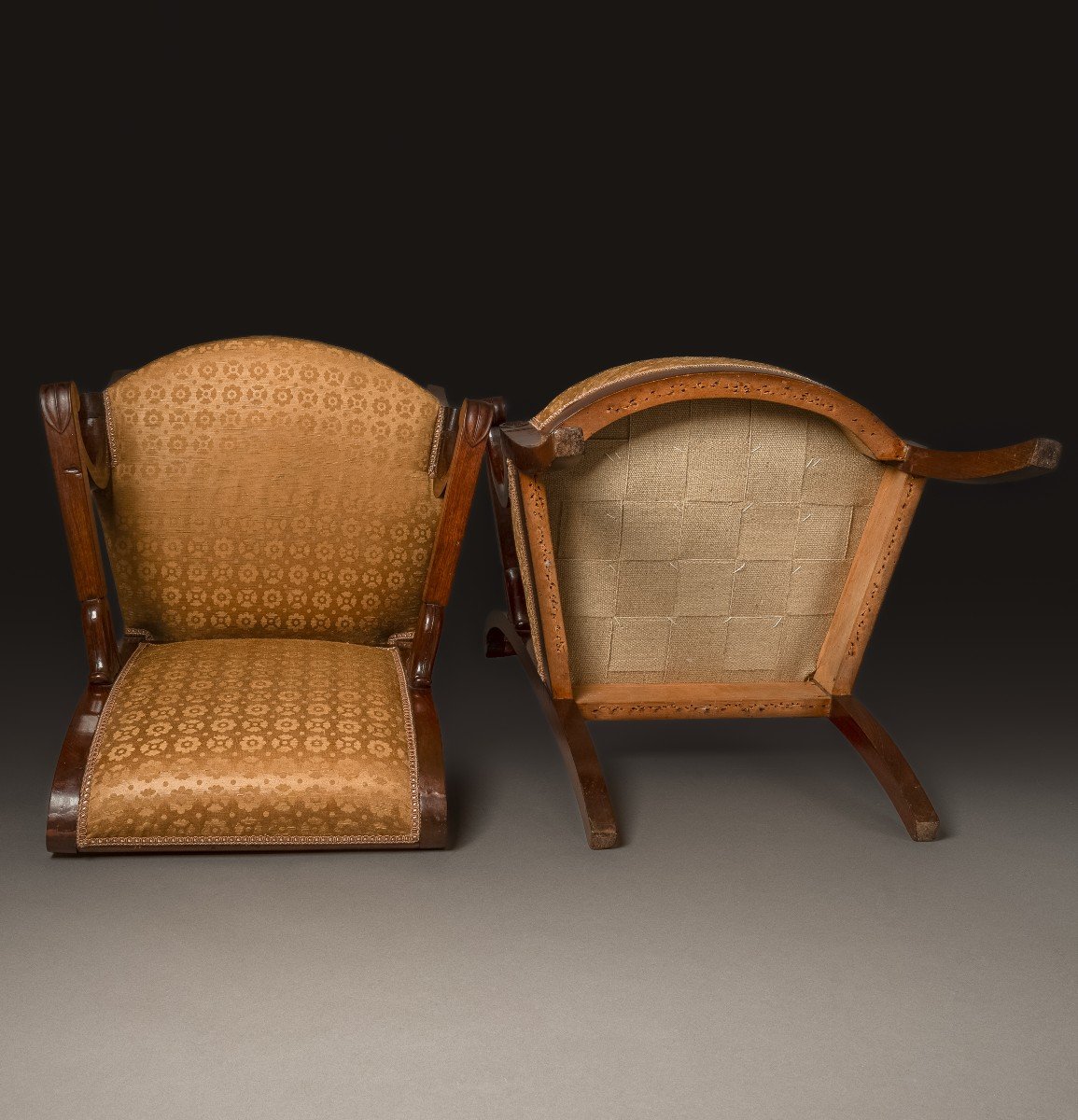 Paire de fauteuils d'officier d'époque Empire - acajou et damas de soie-photo-4