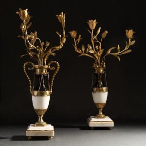 Paris, Late Louis XVI Period - Large Pair Of Bronze And Marble Floral Candelabras