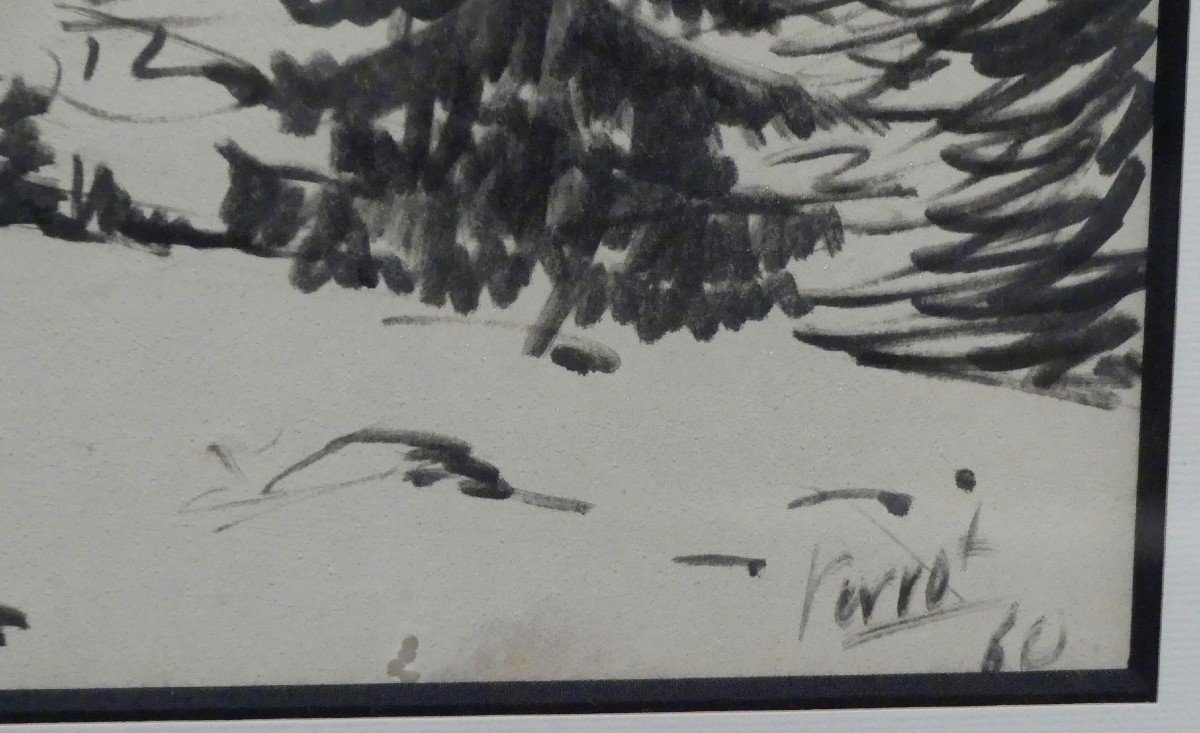 René Perrot -  Paysage Aux Sapins  - Dessin Au Feutre-photo-2