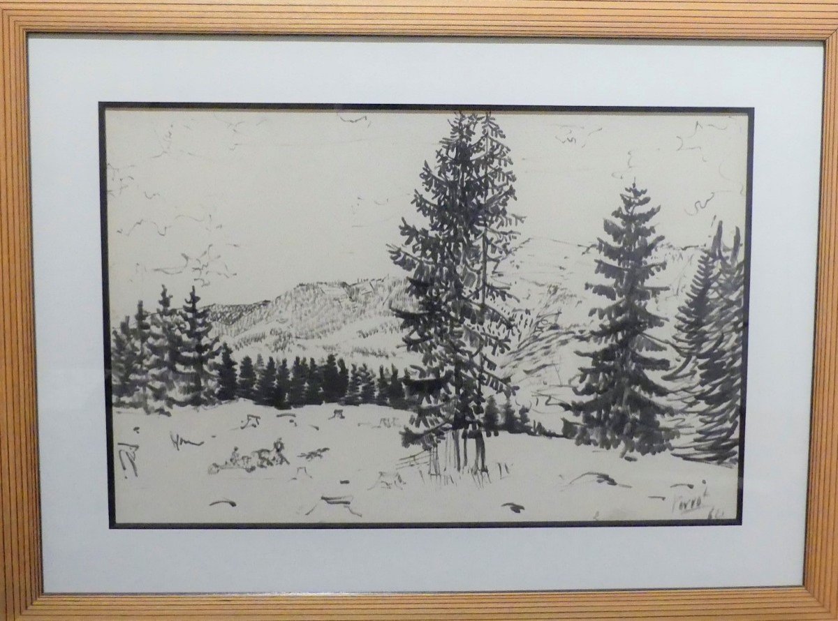 René Perrot -  Paysage Aux Sapins  - Dessin Au Feutre