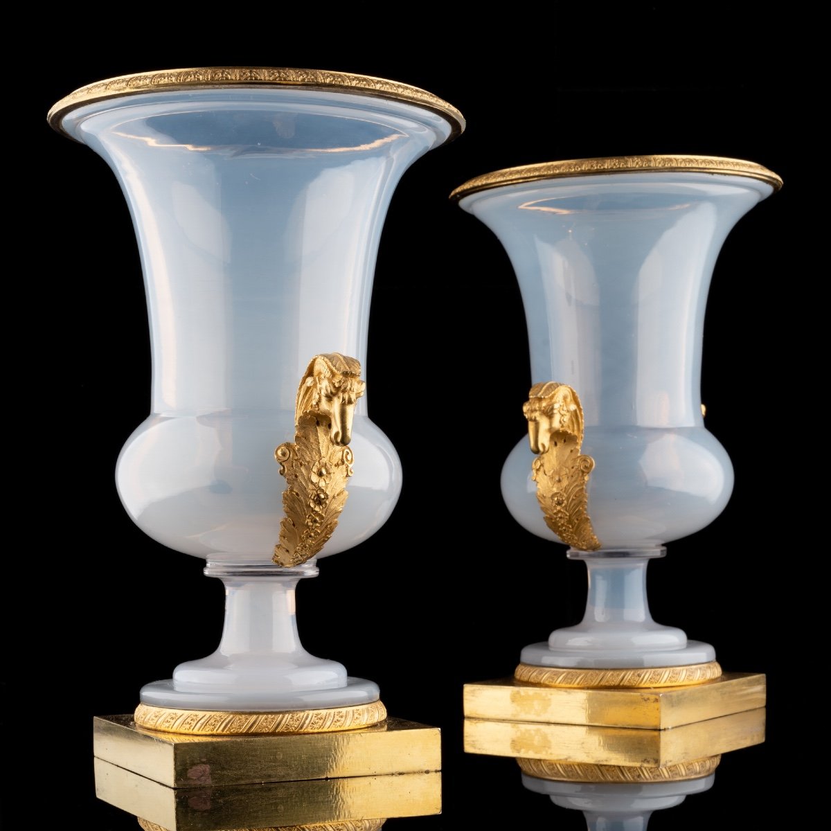 Pair Of Urn Vases In Opaline And Gilt Bronze.-photo-2