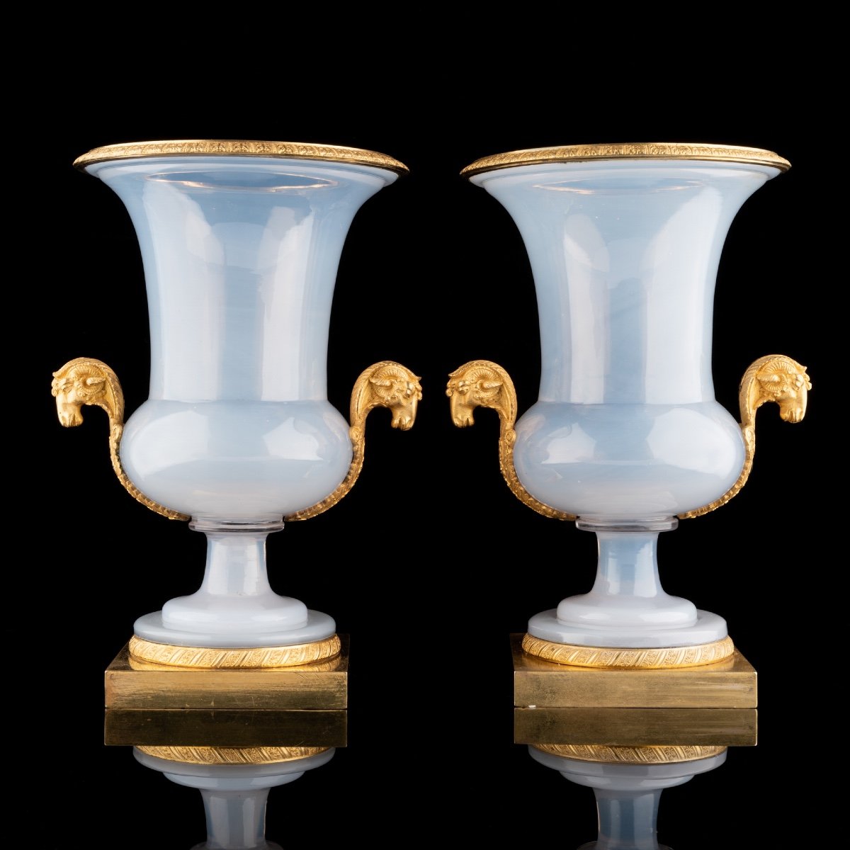 Pair Of Urn Vases In Opaline And Gilt Bronze.