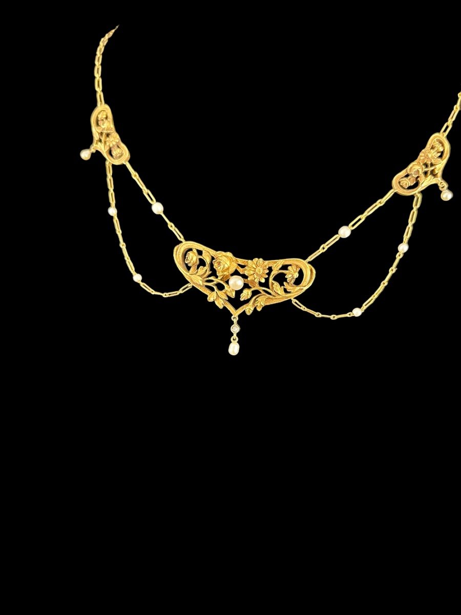 Art Nouveau Necklace In Gold Fine Pearls And Diamond-photo-2