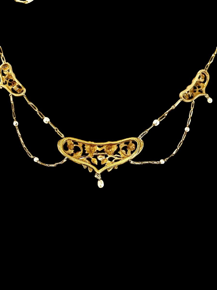 Art Nouveau Necklace In Gold Fine Pearls And Diamond-photo-3