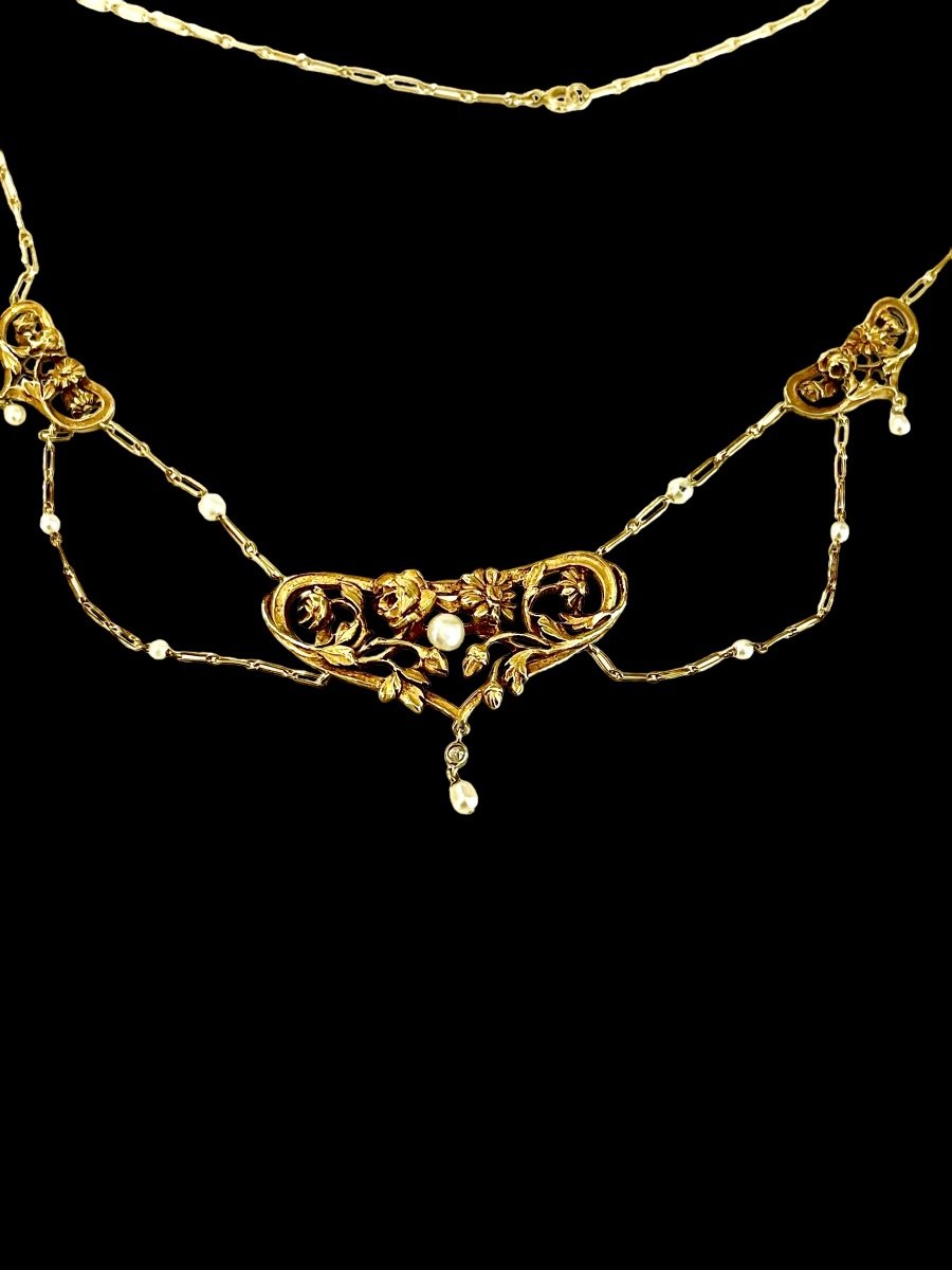 Art Nouveau Necklace In Gold Fine Pearls And Diamond-photo-4