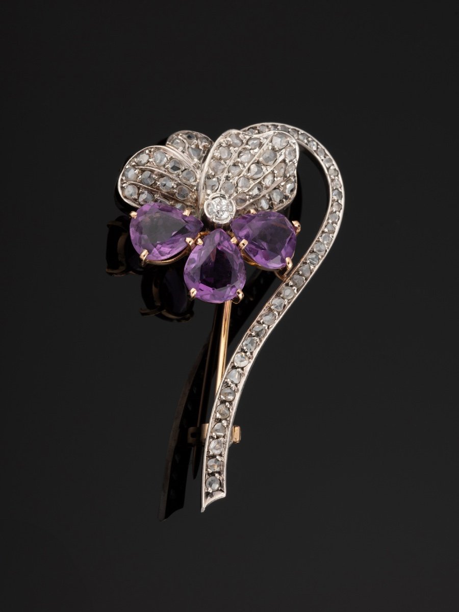 Pansy Brooch In Gold, Silver, Diamonds And Amethysts.