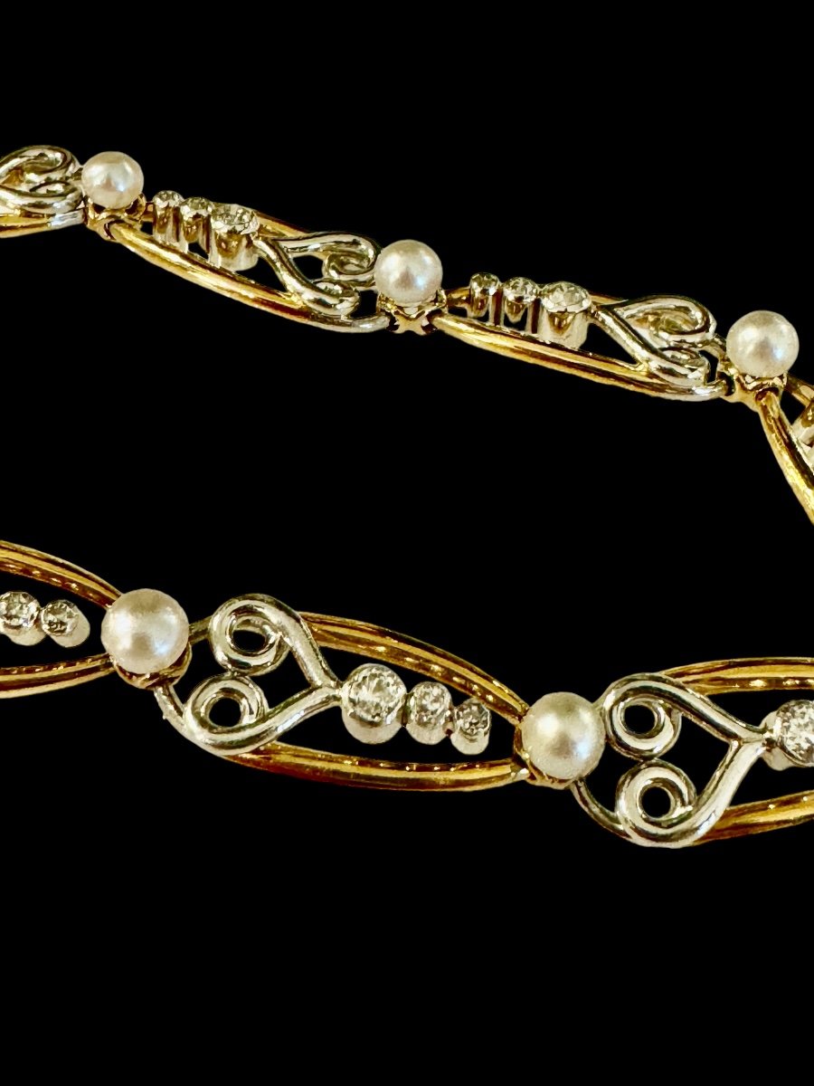 Gold, Platinum, Diamonds And Fine Pearls Bracelet-photo-2